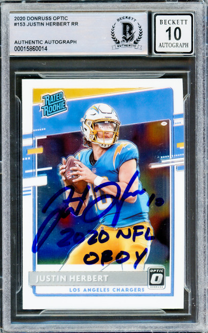 Justin Herbert Autographed 2020 Donruss Optic Rated Rookies Rookie Card #153 Los Angeles Chargers Auto Grade Gem Mint 10 "2020 NFL OROY" Beckett BAS #15860014