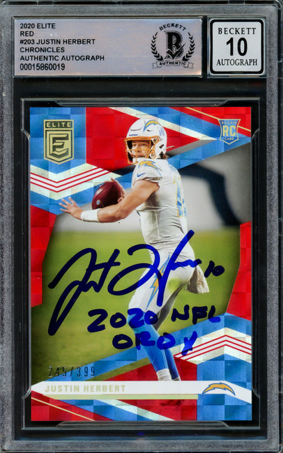 Justin Herbert Autographed 2020 Panini Elite Chronicles Red Rookie Card #203 Los Angeles Chargers Auto Grade Gem Mint 10 "2020 NFL OROY" #245/399 Beckett BAS #15860019