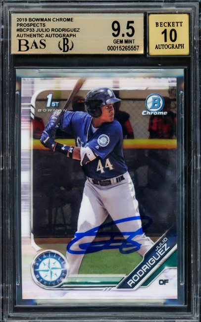 Julio Rodriguez Autographed 2019 Bowman Chrome Prospects 1st Bowman Rookie Card #BCP33 Seattle Mariners BGS 9.5 Auto Grade Gem Mint 10 Beckett BAS #15265557