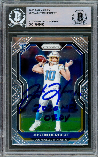 Justin Herbert Autographed 2020 Panini Prizm Rookie Card #325 Los Angeles Chargers "2020 NFL OROY" Beckett BAS Stock #219390
