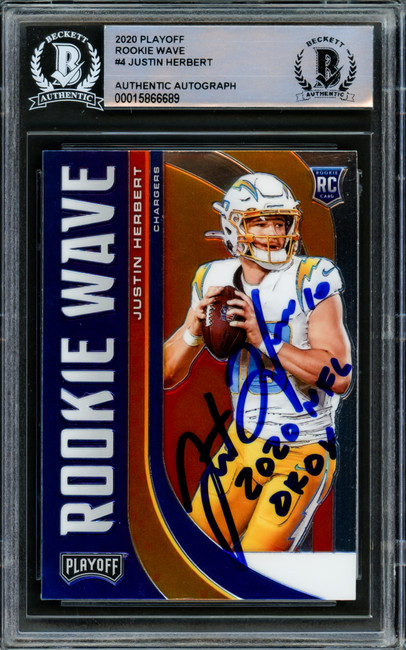 Justin Herbert Autographed 2020 Panini Playoff Rookie Wave Rookie Card #RW-4 Los Angeles Chargers "2020 NFL OROY" Beckett BAS #15866689