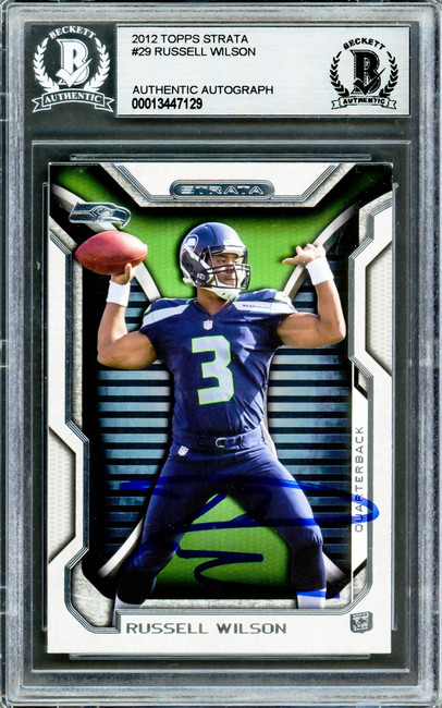 Russell Wilson Autographed 2012 Topps Strata Rookie Card #29 Seattle Seahawks Beckett BAS Stock #220153