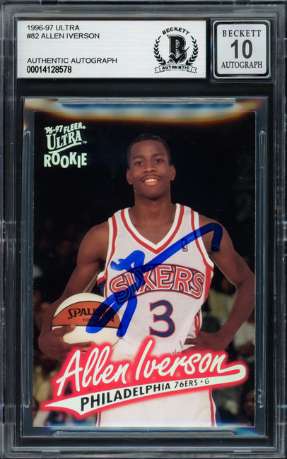 Allen Iverson Autographed 1996-97 Fleer Ultra Rookie Card #82 Philadelphia 76ers Auto Grade Gem Mint 10 Beckett BAS Stock #220168