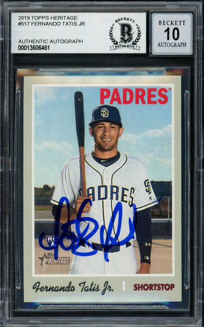 Fernando Tatis Jr. Autographed 2019 Topps Heritage Rookie Card #517 San Diego Padres Auto Grade Gem Mint 10 Beckett BAS Stock #220233