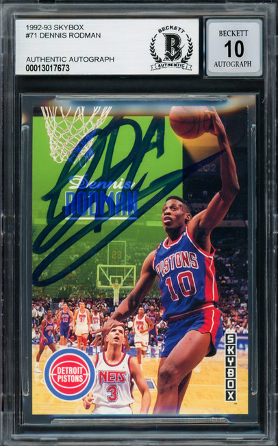 Dennis Rodman Autographed 1992-93 Skybox Card #71 Detroit Pistons Auto Grade Gem Mint 10 Beckett BAS Stock #220309