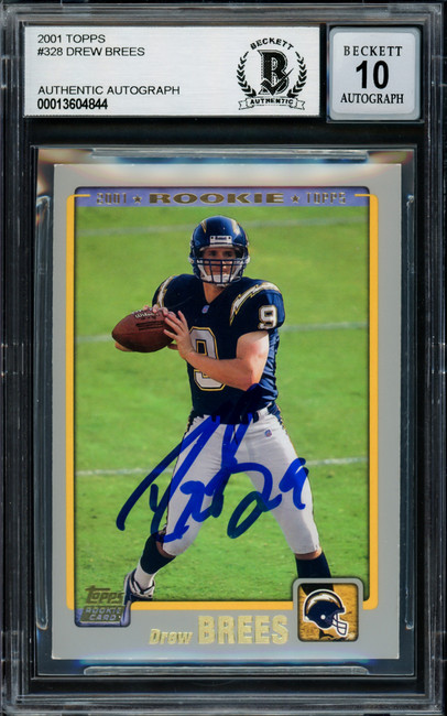 Drew Brees Autographed 2001 Topps Rookie Card #328 San Diego Chargers Auto Grade Gem Mint 10 Beckett BAS Stock #220325