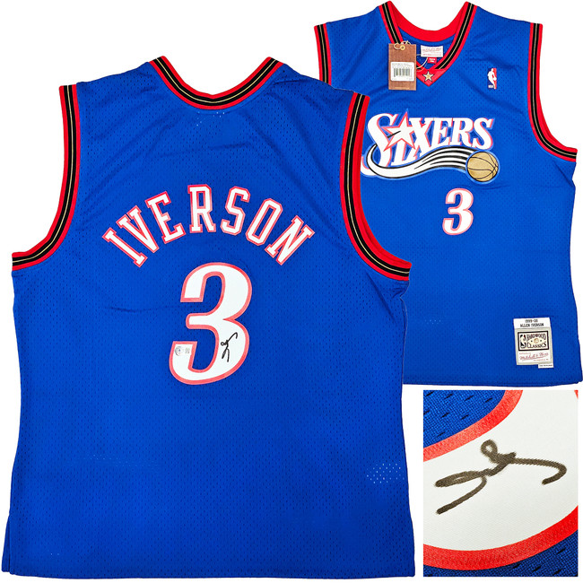 Philadelphia 76ers Allen Iverson Autographed Blue Authentic Mitchell & Ness 1999-00 HWC Swingman Jersey Size XL Beckett BAS Witness Stock #220419