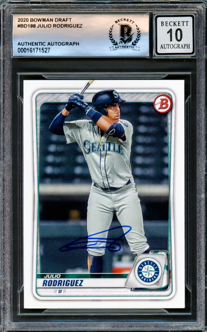 Julio Rodriguez Autographed 2020 Bowman Draft Card #BD188 Seattle Mariners Auto Grade Gem Mint 10 Beckett BAS Stock #220785 Julio Rodriguez Autographed 2020 Bowman Draft Card #BD188 Seattle Mariners Auto Grade Gem Mint 10 Beckett BAS Stock #220785