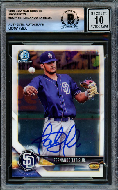 Fernando Tatis Jr. Autographed 2018 Bowman Chrome Prospects Card #BCP114 San Diego Padres Auto Grade Gem Mint 10 Beckett BAS Stock #220804