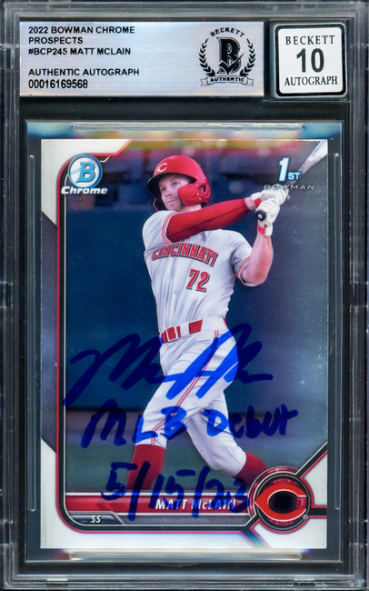 Matt McLain Autographed 2022 1st Bowman Chrome Rookie Card #BCP245 Cincinnati Reds Auto Grade Gem Mint 10 "MLB Debut 5/15/23" Beckett BAS Stock #220734