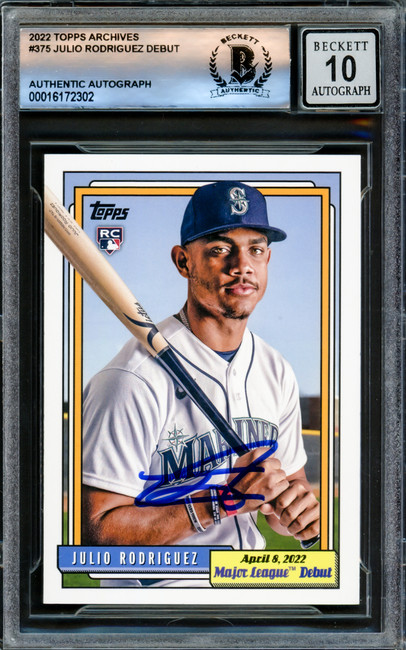 Julio Rodriguez Autographed 2022 Topps Archives Rookie Card #375 Seattle Mariners Auto Grade Gem Mint 10 Beckett BAS Stock #220796