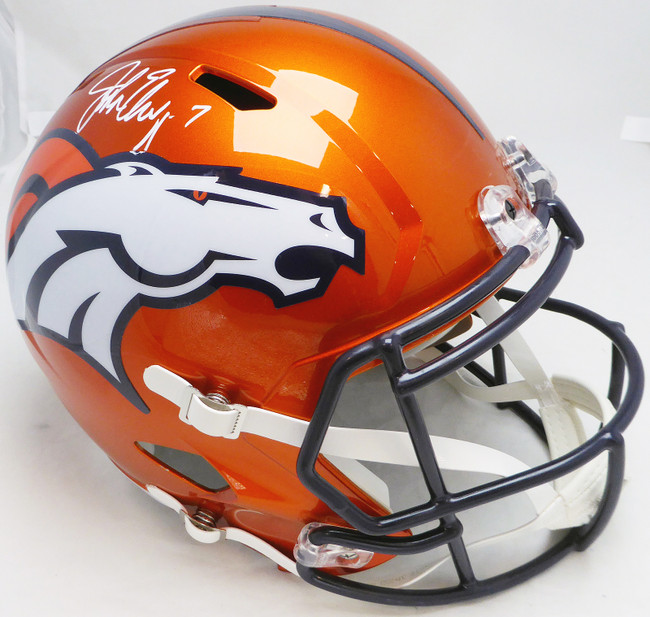 John Elway Autographed Denver Broncos Flash Orange Full Size Replica Speed Helmet Beckett BAS Witness #W150515