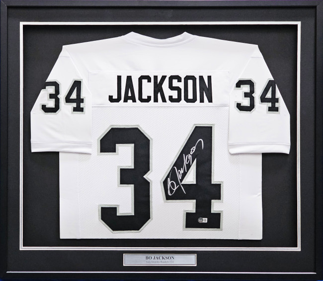 Oakland Raiders Bo Jackson Autographed Framed White Jersey Beckett BAS Witness Stock #220551