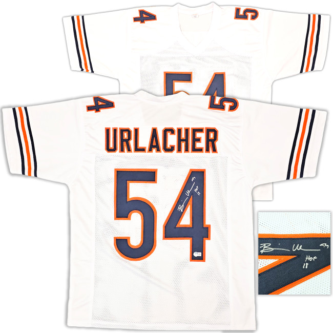 Chicago Bears Brian Urlacher Autographed White Jersey "HOF 18" Beckett BAS Witness Stock #221056