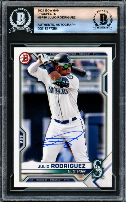 Julio Rodriguez Autographed 2021 Bowman Prospects Rookie Card #BP86 Seattle Mariners Beckett BAS Stock #221212
