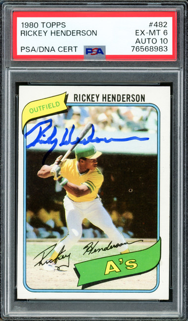 Rickey Henderson Autographed 1980 Topps Rookie Card #482 Oakland A's PSA 6 Auto Grade Gem Mint 10 PSA/DNA #76568983