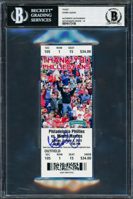 Ichiro Suzuki Autographed October 4th, 2015 MLB Pitching Debut Ticket Seattle Mariners Auto Grade Gem Mint 10 Beckett BAS #16173156