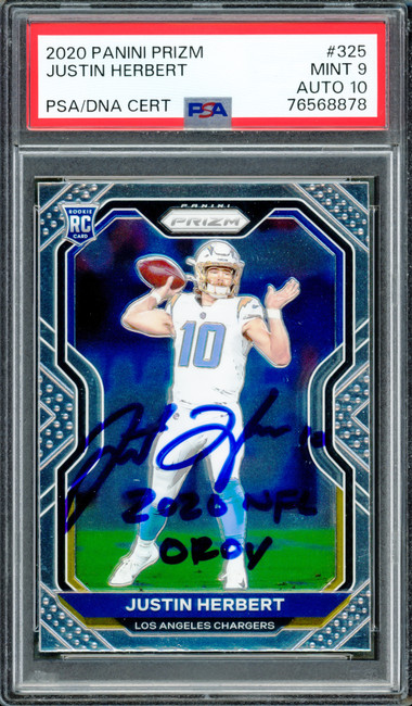 Justin Herbert Autographed 2020 Panini Prizm Rookie Card #325 Los Angeles Chargers PSA 9 Auto Grade Gem Mint 10 "2020 NFL OROY" PSA/DNA #76568878