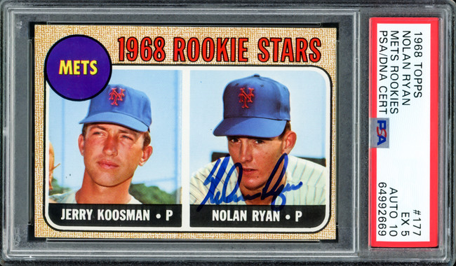 Nolan Ryan Autographed 1968 Topps Rookie Card #177 New York Mets PSA 5 Auto Grade Gem Mint 10 PSA/DNA #64992669