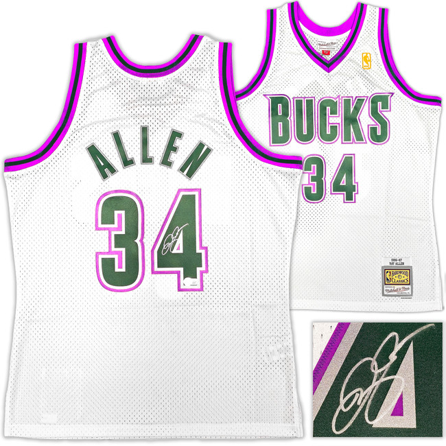Milwaukee Bucks Ray Allen Autographed White Authentic Mitchell