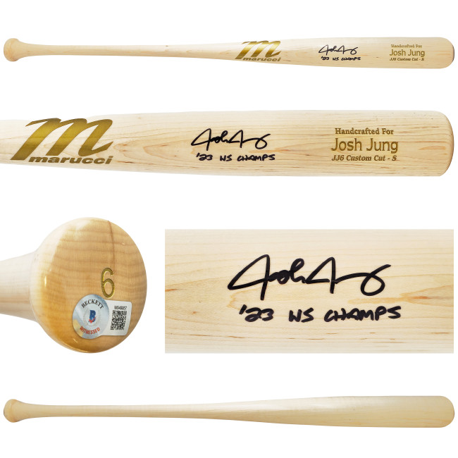Josh Jung Autographed Blonde Marucci Player Model Bat Texas Rangers "23 WS Champs" Beckett BAS Witness Stock #221361