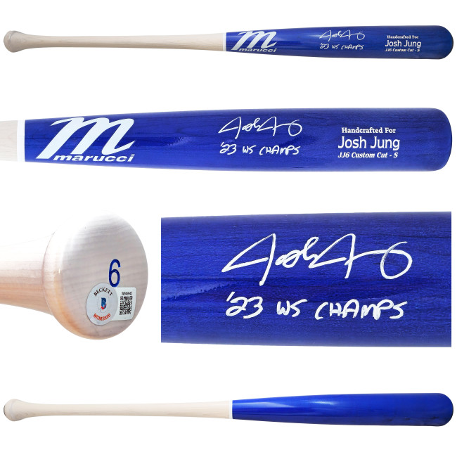 Josh Jung Autographed Blue/White Marucci Player Model Bat Texas Rangers "23 WS Champs" Beckett BAS Witness Stock #221362