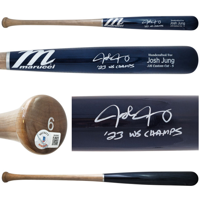 Josh Jung Autographed Navy/Grey Marucci Player Model Bat Texas Rangers "23 WS Champs" Beckett BAS Witness Stock #221363