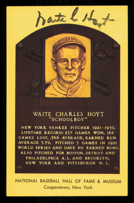 Waite Hoyt Autographed Hall of Fame HOF Plaque Postcard New York Yankees SKU #222526