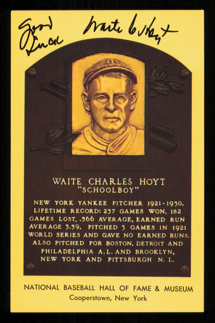 Waite Hoyt Autographed Hall of Fame HOF Plaque Postcard New York Yankees SKU #222524