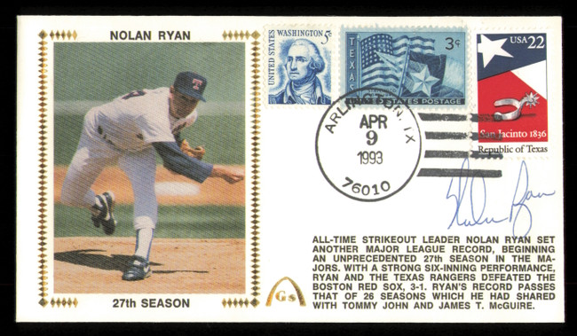 Nolan Ryan Autographed 1993 First Day Cover Texas Rangers SKU #222417