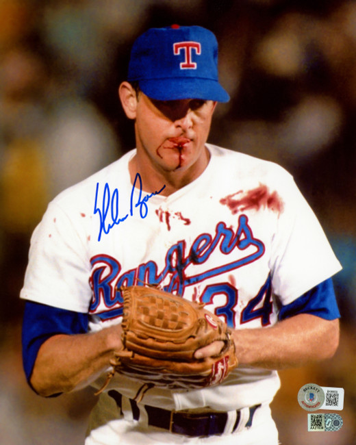 Nolan Ryan Autographed 8x10 Photo Texas Rangers Bloody Lip Beckett BAS QR Stock #222832