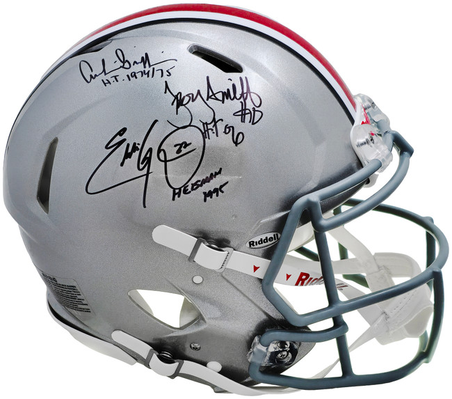 Archie Griffin, Eddie George & Troy Smith Autographed Ohio State Buckeyes Silver Full Size Authentic Speed Helmet Signature Location Varies "Heisman" Beckett BAS Witness Stock #222797