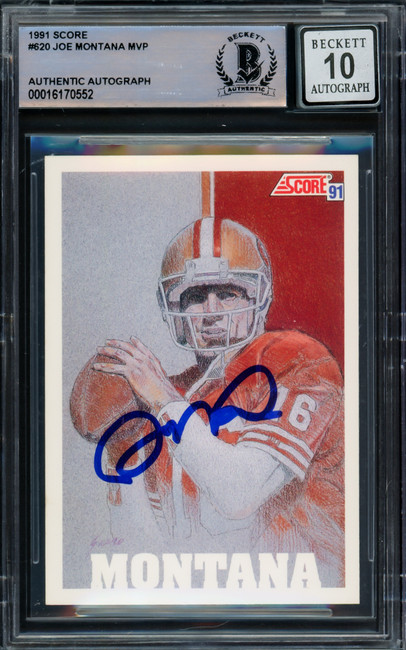 Joe Montana Autographed 1991 Score Card #620 San Francisco 49ers Auto Grade Gem Mint 10 Beckett BAS #16170552