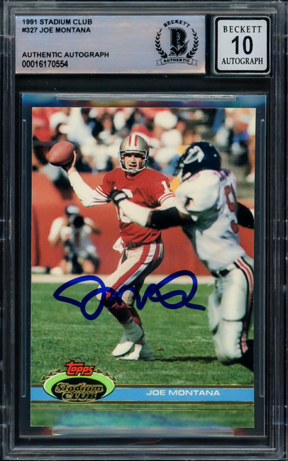 Joe Montana Autographed 1991 Stadium Club Card #327 San Francisco 49ers Auto Grade Gem Mint 10 Beckett BAS #16170554