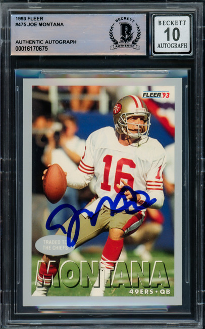 Joe Montana Autographed 1992 Fleer Card #475 San Francisco 49ers Auto Grade Gem Mint 10 Beckett BAS #16170675