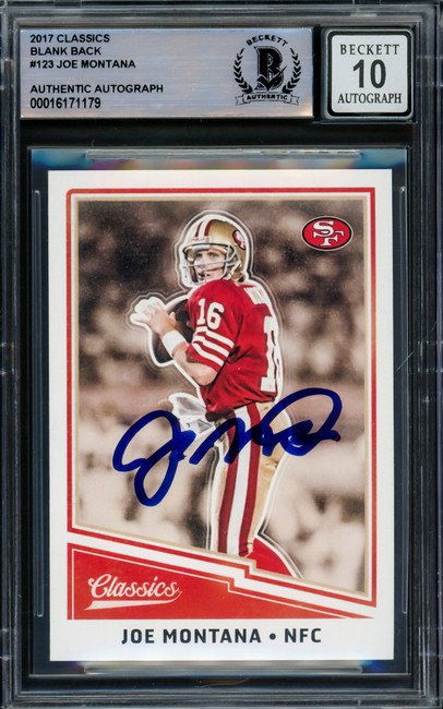 Joe Montana Autographed 2017 Donruss Classics Blank Back Card #123 San Francisco 49ers Auto Grade Gem Mint 10 Beckett BAS #16171179