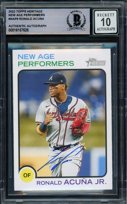 Ronald Acuna Jr. Autographed 2022 Topps Heritage New Age Performers Card #NAP-9 Atlanta Braves Auto Grade Gem Mint 10 Beckett BAS #16167626