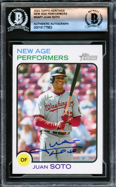 Juan Soto Autographed 2022 Topps Heritage New Age Performers Card #NAP-7 New York Yankees Beckett BAS #16177953