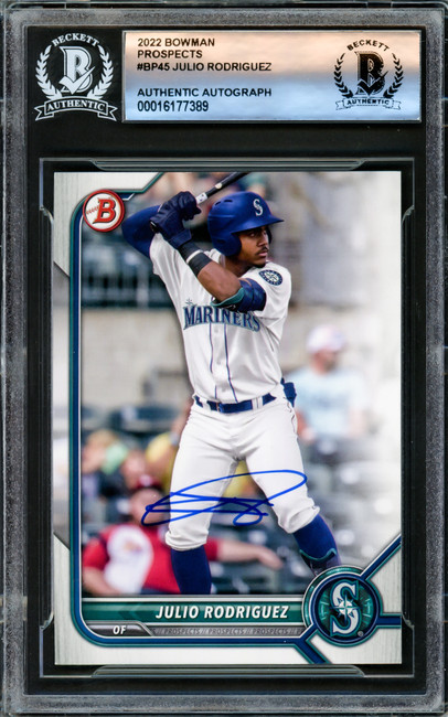Julio Rodriguez Autographed 2022 Bowman Prospects Rookie Card #BP45 Seattle Mariners Beckett BAS #16177389