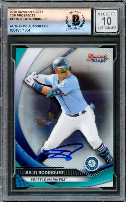 Julio Rodriguez Autographed 2020 Bowman's Best Rookie Card #TP15 Seattle Mariners Auto Grade Gem Mint 10 Beckett BAS #16171634