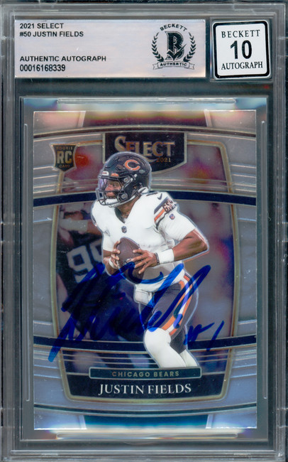 Justin Fields Autographed 2021 Select Rookie Card #50 Chicago Bears Auto Grade Gem Mint 10 Beckett BAS #16168339