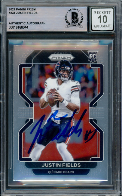 Justin Fields Autographed 2021 Panini Prizm Rookie Card #334 Chicago Bears Auto Grade Gem Mint 10 Beckett BAS #16168344