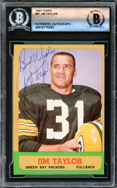 Jim Taylor Autographed 1963 Topps Card #87 Green Bay Packers "Best Wishes" Beckett BAS #16178242