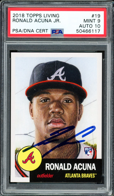 Ronald Acuna Jr. Autographed 2018 Topps Living Rookie Card #19 Atlanta Braves PSA 9 Auto Grade Gem Mint 10 PSA/DNA #50466117