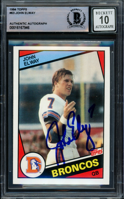 John Elway Autographed 1984 Topps Rookie Card #63 Denver Broncos Auto Grade Gem Mint 10 Beckett BAS #16167946