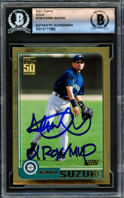 Ichiro Suzuki Autographed 2001 Topps Gold Rookie Card #726 Seattle Mariners "01 ROY MVP" #1553/2001 Beckett BAS #16177960