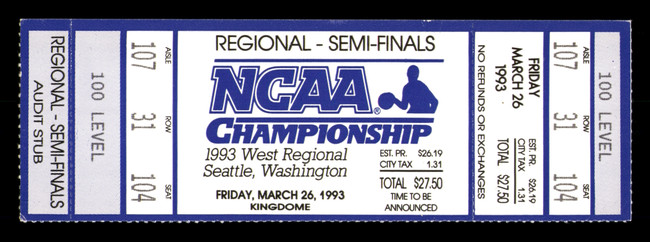 1993 NCAA Basketball Tournament West Regional Semi Finals Unsigned Full Ticket Michigan Stock #223729