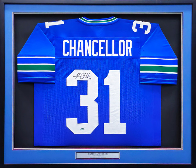 Seattle Seahawks Kam Chancellor Autographed Framed Blue Throwback Jersey MCS Holo Stock #223784