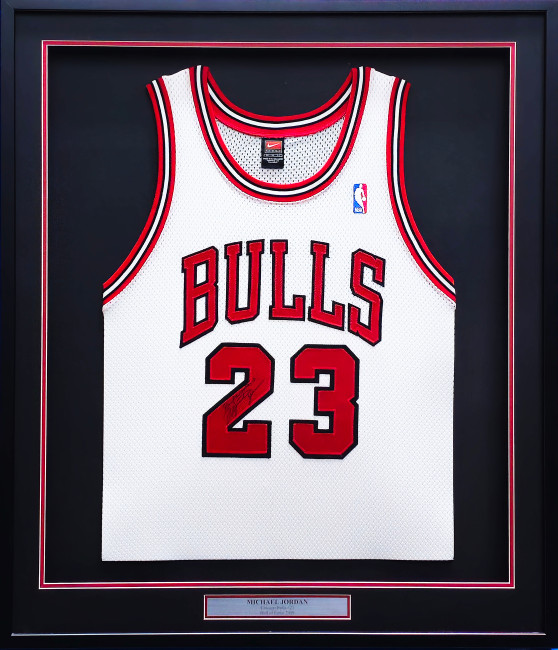 Michael Jordan Autographed Framed White Nike Jersey Chicago Bulls "Best Wishes" JSA #YY39497