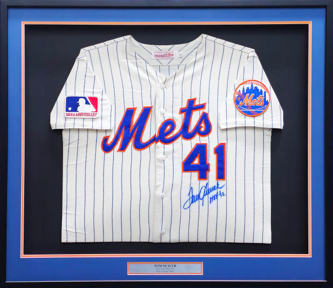 Tom Seaver Autographed Framed Cream Pinstripes Authentic Mitchell & Ness Jersey New York Mets "HOF 92" 100th Anniversary Patch Size L Beckett BAS QR #BK44628